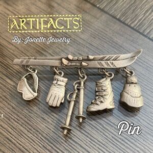 Vintage Jonette Jewelry Pewter Colored Ski Themed Charmed Brooch